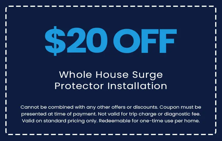 $20 off whole house surge protector installation coupon from E.F. Winslow Home Services, featuring promotional details and redemption terms.