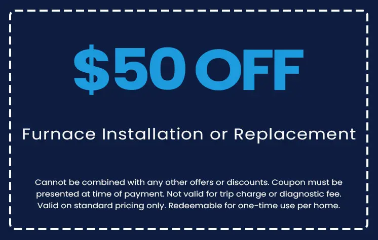 $50 off coupon for furnace installation or replacement, highlighting savings on home heating services from E.F. Winslow Home Services.