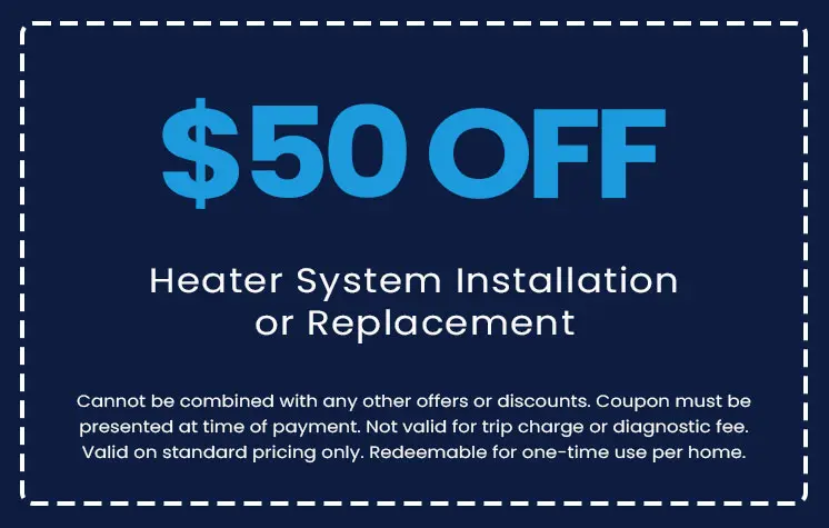 $50 off heater system installation or replacement coupon from E.F. Winslow Home Services, highlighting promotional offer details and terms.