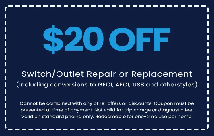 $20 off coupon for switch/outlet repair or replacement, including GFCI, AFCI, and USB conversions, promoting E.F. Winslow Home Services.