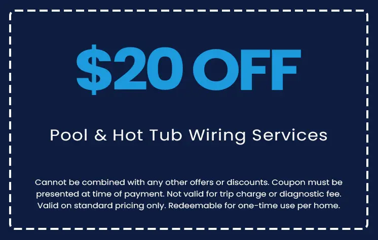 $20 off coupon for pool and hot tub wiring services from E.F. Winslow Home Services, featuring terms and conditions.