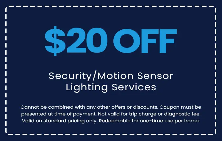 $20 off coupon for security and motion sensor lighting services, highlighting promotional offer from E.F. Winslow Home Services.