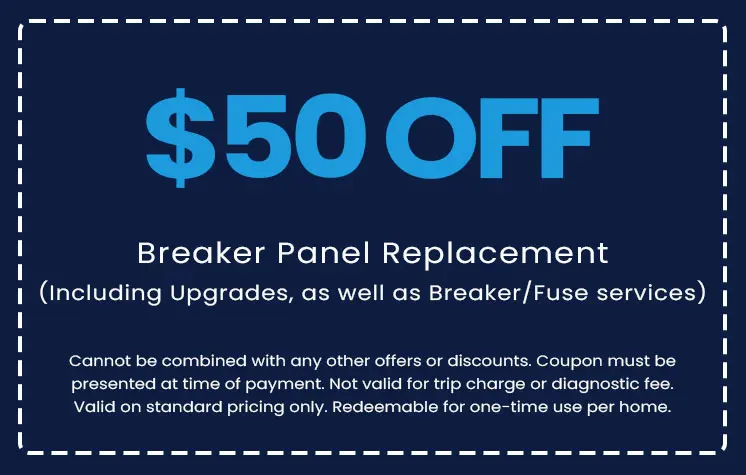 $50 off coupon for breaker panel replacement, including upgrades and breaker/fuse services, offered by E.F. Winslow Home Services.