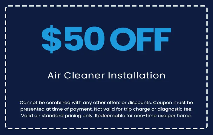 $50 off coupon for air cleaner installation, highlighting promotional offer from E.F. Winslow Home Services.
