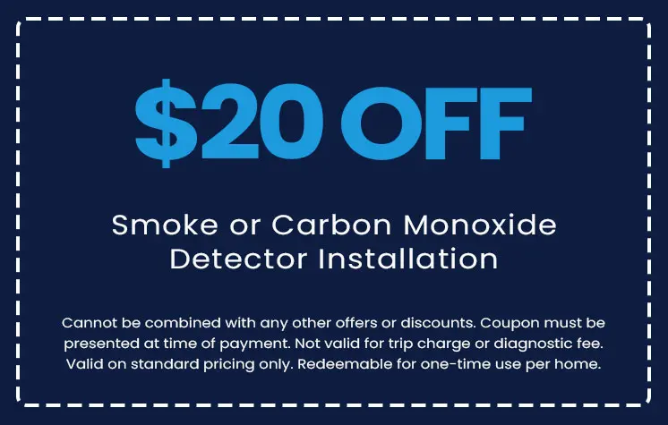$20 off smoke or carbon monoxide detector installation coupon from E.F. Winslow Home Services, featuring promotional text and terms for use.
