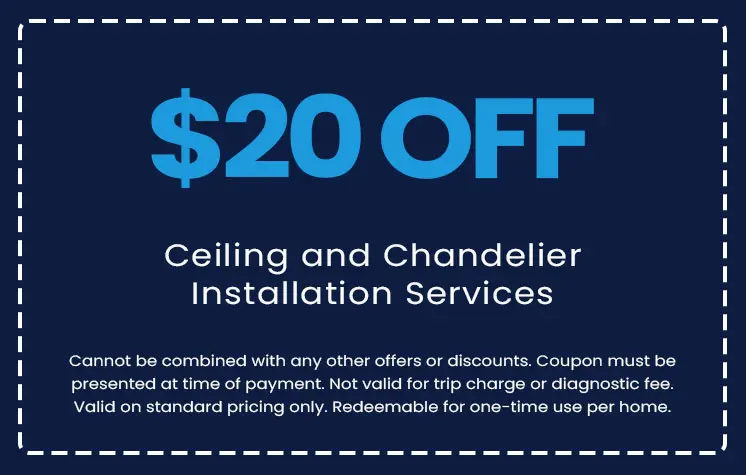$20 off coupon for ceiling and chandelier installation services, highlighting promotional offer from E.F. Winslow Home Services.