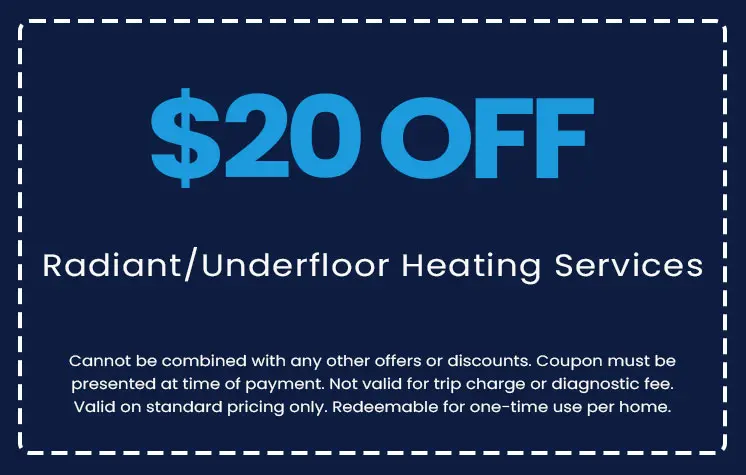 $20 off radiant and underfloor heating services coupon, promotional offer from E.F. Winslow Home Services, terms and conditions listed.