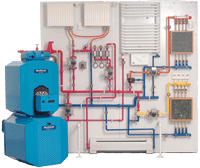 Hydronic heating system display featuring a blue boiler, interconnected pipes, and components illustrating water-based heating solutions for efficient home heating.