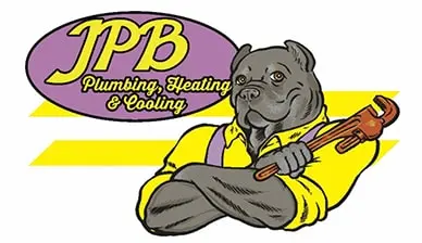 Jeffrey Burke Plumbing, Heating & Cooling logo featuring a muscular dog holding a wrench, emphasizing plumbing and repair services.