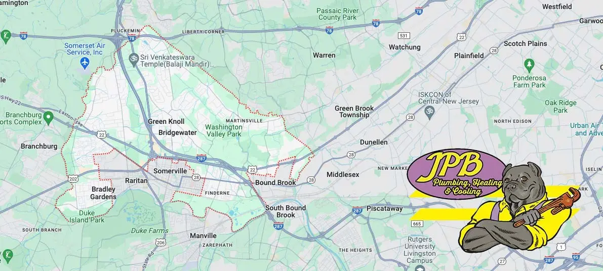Map of Bridgewater, NJ, highlighting service areas for Jeffrey Burke Plumbing, Heating & Cooling, featuring logo with cartoon dog holding a wrench.