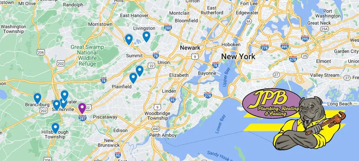 Map highlighting service areas for Jeffrey Burke Plumbing, Heating & Cooling in Essex, Somerset, Union, and Morris Counties, featuring a logo with a dog and plumbing tools.