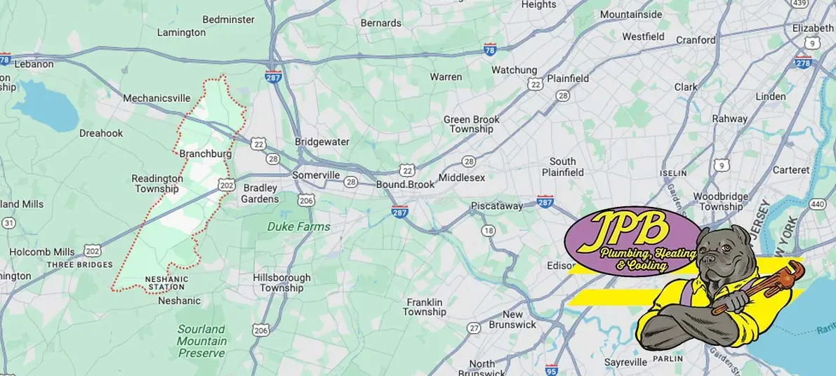 Map of Branchburg, NJ, highlighting service area for Jeffrey Burke Plumbing, Heating & Cooling, featuring company logo with cartoon dog holding a wrench.