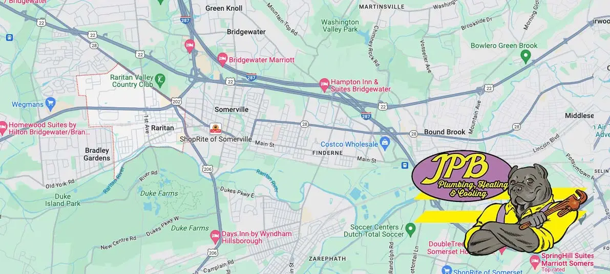 Map of Raritan, NJ, featuring highlighted area for Jeffrey Burke Plumbing, Heating & Cooling, with logo of a dog holding a wrench, emphasizing local HVAC services and emergency cooling solutions.