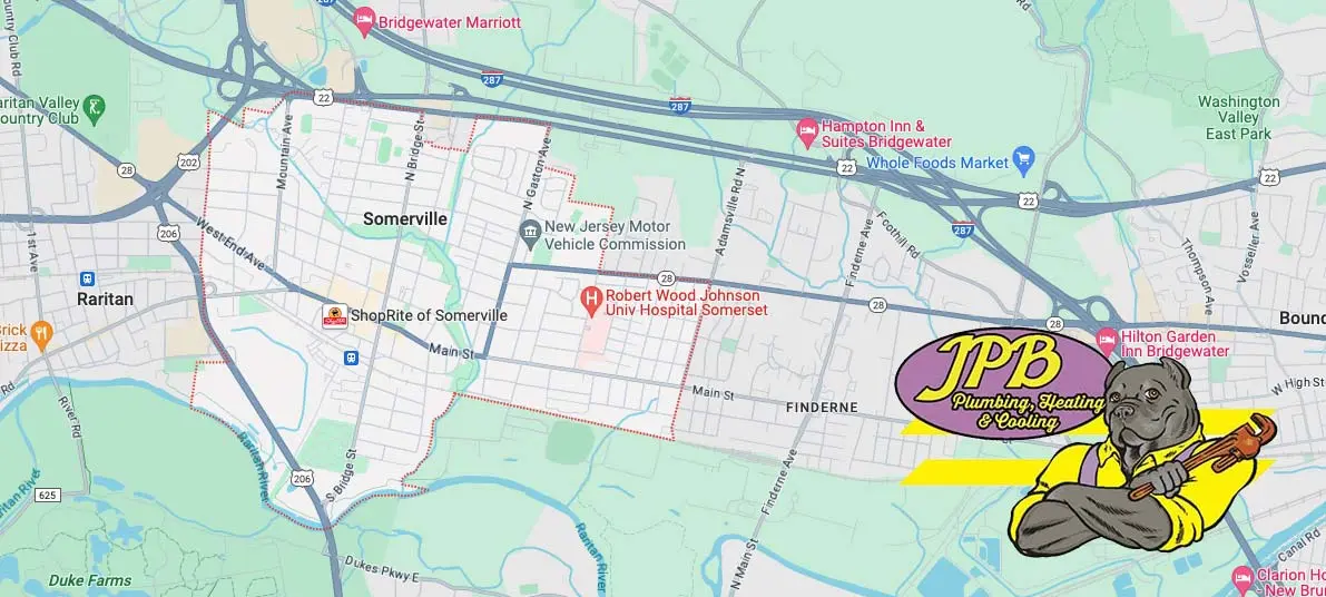 Map of Somerville, NJ, featuring Jeffrey Burke Plumbing, Heating & Cooling logo, emphasizing local service area for plumbing and HVAC solutions.