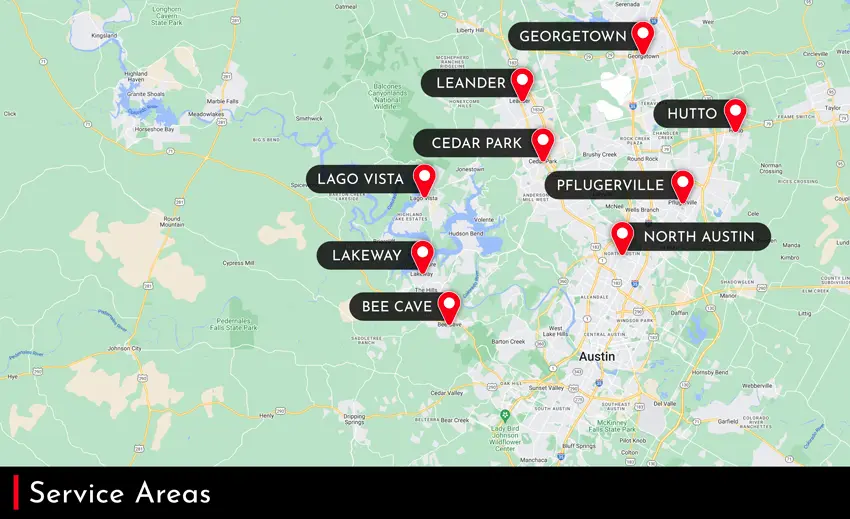 Map highlighting service areas for American Eagle Plumbing in Round Rock, Hutto, and surrounding Texas locations including Lago Vista, Lakeway, Bee Cave, Cedar Park, Pflugerville, Leander, Georgetown, and North Austin.