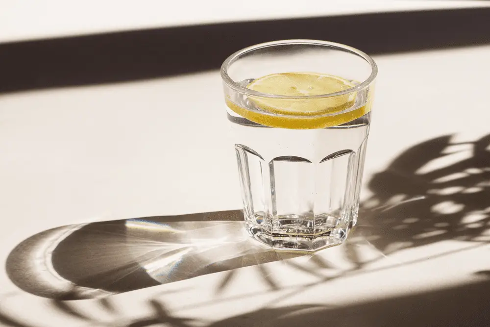 Glass of water with lemon slice casting a shadow, representing hydration and water quality in relation to plumbing services.
