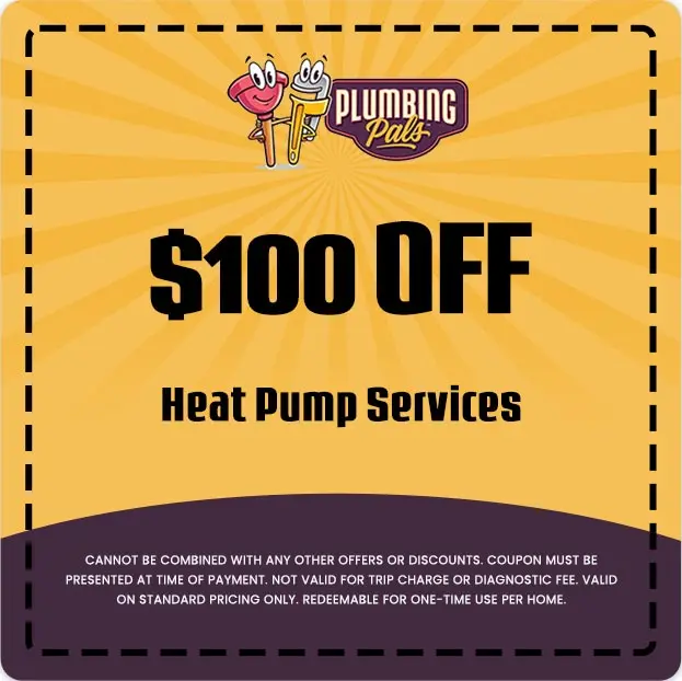 Coupon for Plumbing Pals offering $100 off heat pump services, featuring the brand logo and promotional details.