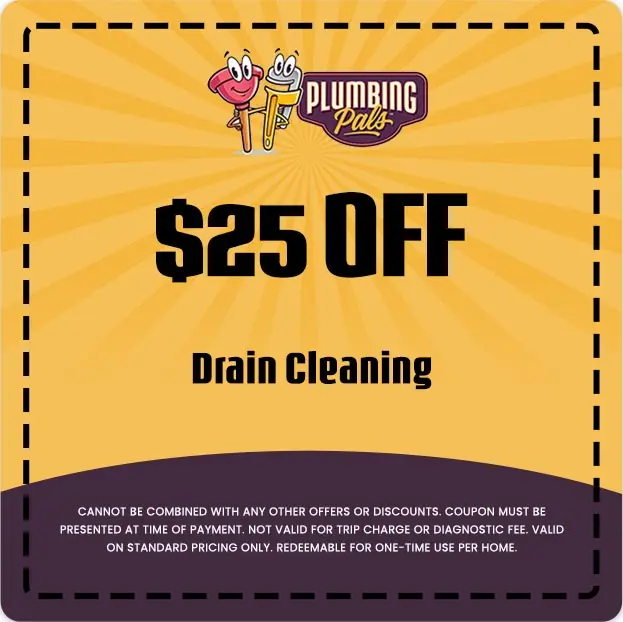 $25 off coupon for drain cleaning service from Plumbing Pals, featuring colorful design and promotional details.