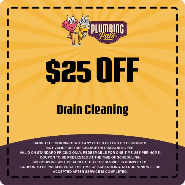 $25 off coupon for drain cleaning service from Plumbing Pals, featuring vibrant yellow background and playful graphics.