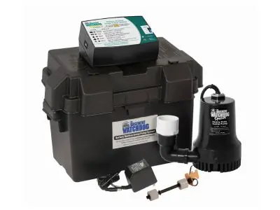 Backup sump pump system with battery backup and control panel, essential for preventing flooding and protecting homes during power outages.