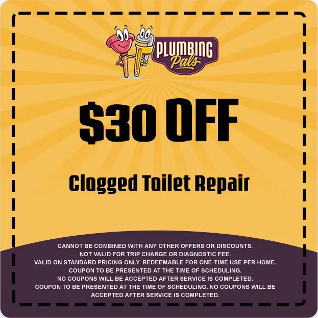 $30 off coupon for clogged toilet repair from Plumbing Pals, featuring bright yellow background and playful graphics.