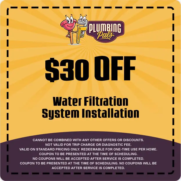 $30 off coupon for water filtration system installation by Plumbing Pals, featuring promotional details and conditions for use.