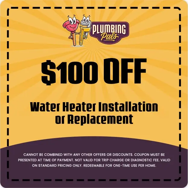 $100 off coupon for Plumbing Pals water heater installation or replacement, featuring vibrant background and brand logo.