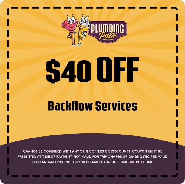 $40 off coupon for backflow services from Plumbing Pals, featuring logo and promotional details.