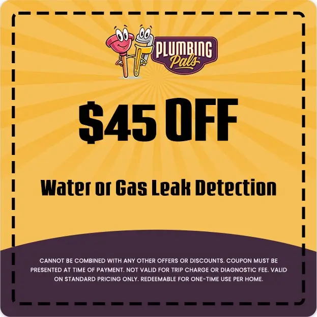 $45 off coupon for water or gas leak detection services from Plumbing Pals, featuring brand logo and promotional details.