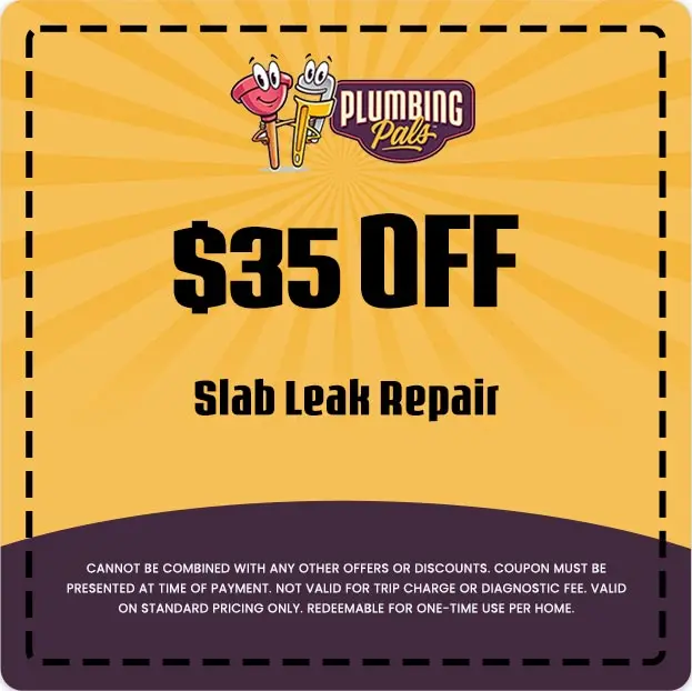 $35 off coupon for slab leak repair service from Plumbing Pals, featuring vibrant yellow background with playful graphics and company logo.