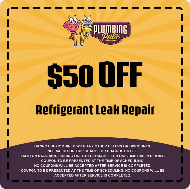 $50 off coupon for refrigerant leak repair from Plumbing Pals, featuring bright yellow background with playful graphics and terms of use.