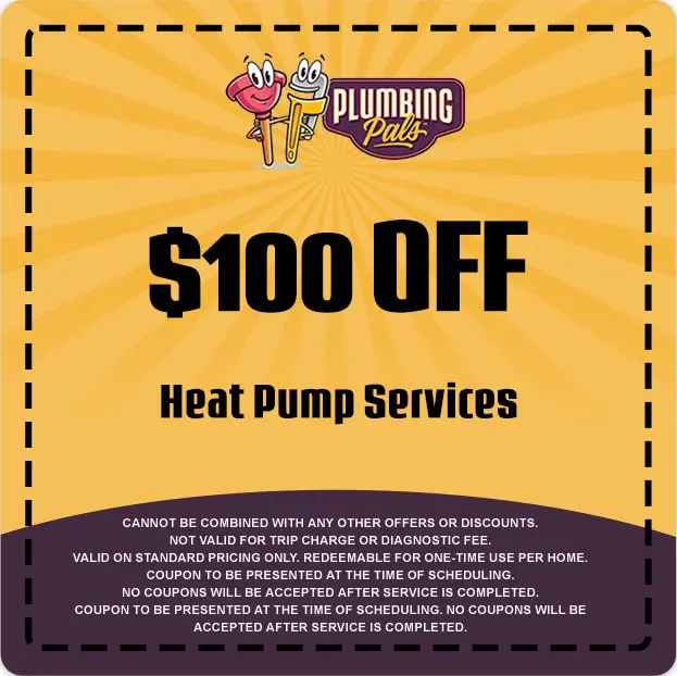 $100 off coupon for heat pump services from Plumbing Pals, featuring brand logo and promotional details.