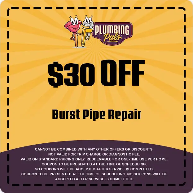 $30 off burst pipe repair coupon from Plumbing Pals, featuring bright yellow background and playful logo, promoting plumbing services and discounts.
