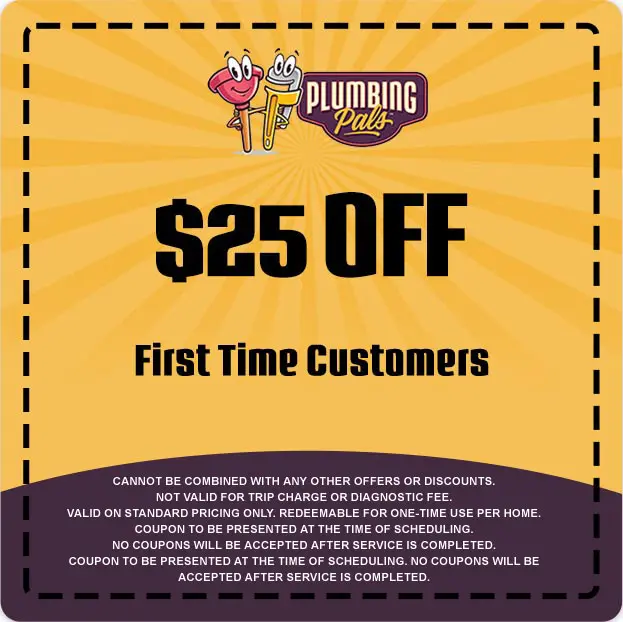 $25 off coupon for first-time customers from Plumbing Pals, featuring playful graphics and promotional details.