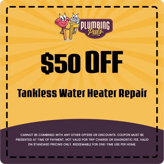 $50 off coupon for tankless water heater repair from Plumbing Pals, featuring promotional graphics and terms for redemption.