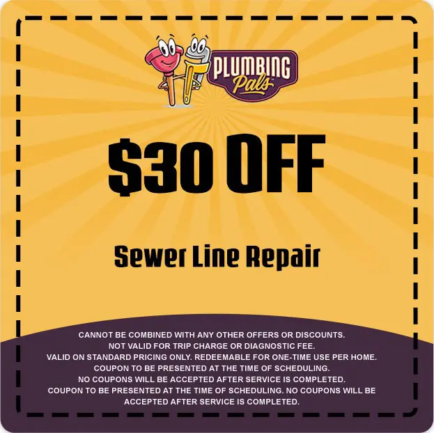 $30 off coupon for sewer line repair from Plumbing Pals, featuring promotional details and terms for redemption.