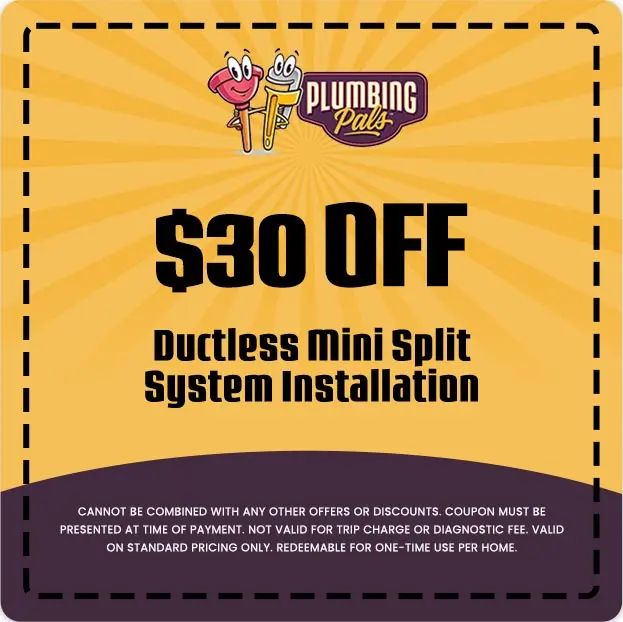$30 off coupon for ductless mini split system installation from Plumbing Pals, featuring promotional graphics and terms for use.