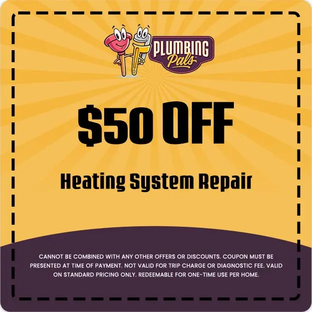 $50 off coupon for heating system repair from Plumbing Pals, featuring colorful design and promotional text.