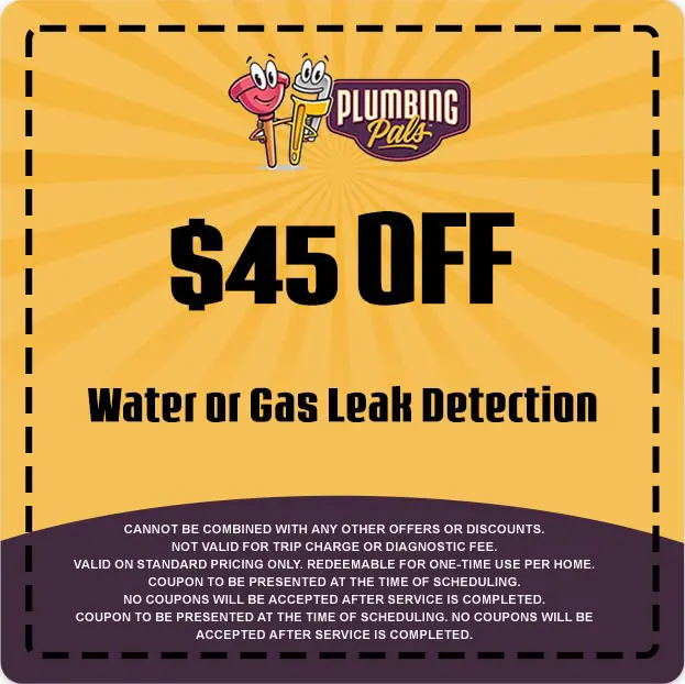 $45 off coupon for water or gas leak detection from Plumbing Pals, featuring brand logo and promotional details.