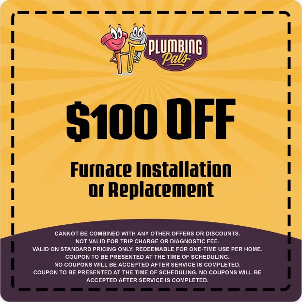 $100 off coupon for furnace installation or replacement from Plumbing Pals, featuring bold text on a vibrant yellow background with playful graphics.