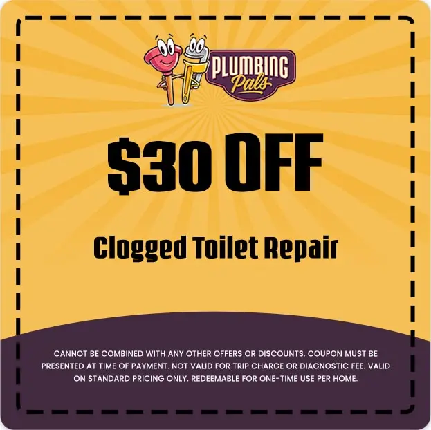 $30 off coupon for clogged toilet repair from Plumbing Pals, featuring playful graphics and promotional text.
