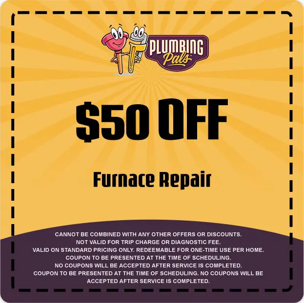 $50 off coupon for furnace repair from Plumbing Pals, featuring vibrant design with brand logo and terms of use.
