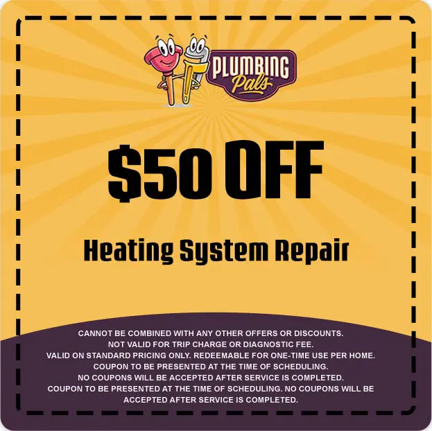 $50 off coupon for heating system repair from Plumbing Pals, featuring playful logo and promotional details.