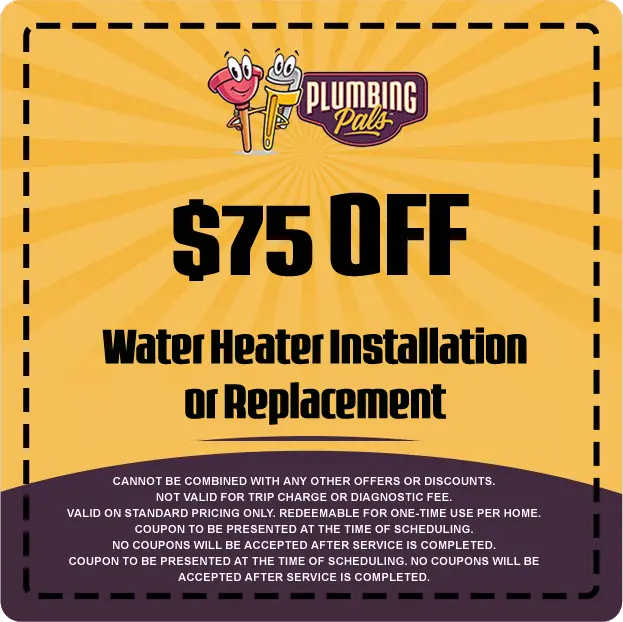 $75 off coupon for water heater installation or replacement from Plumbing Pals, featuring promotional text and brand logo.