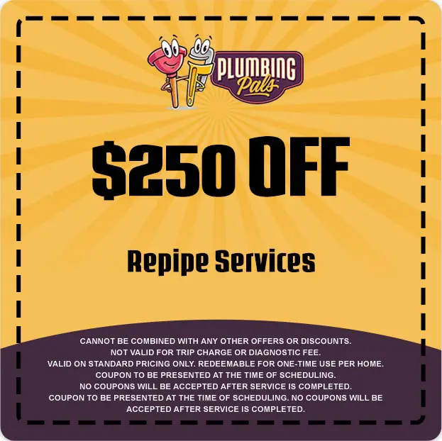 $250 off repipe services coupon from Plumbing Pals, featuring vibrant design and terms for redemption.