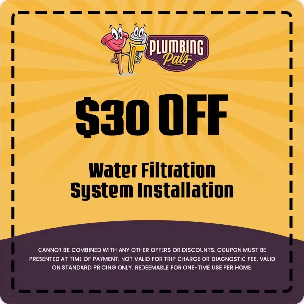 $30 off coupon for water filtration system installation from Plumbing Pals, featuring promotional graphics and terms for redemption.