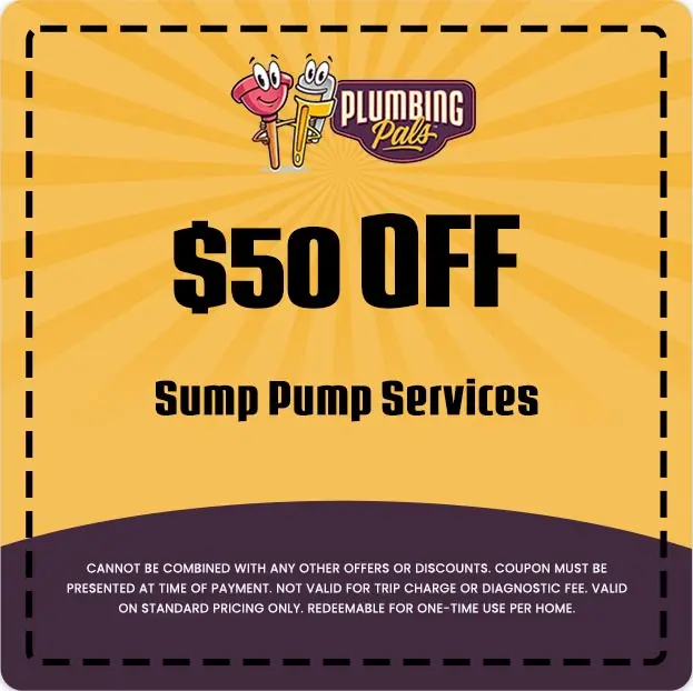 $50 off coupon for sump pump services by Plumbing Pals, featuring playful characters and promotional design.