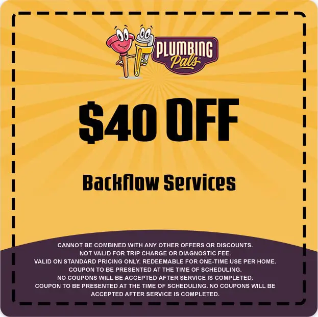 $40 off coupon for backflow services from Plumbing Pals, featuring vibrant orange background, logo, and usage conditions.