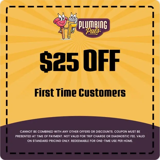 $25 off coupon for first-time customers from Plumbing Pals, featuring vibrant yellow background and playful graphics.