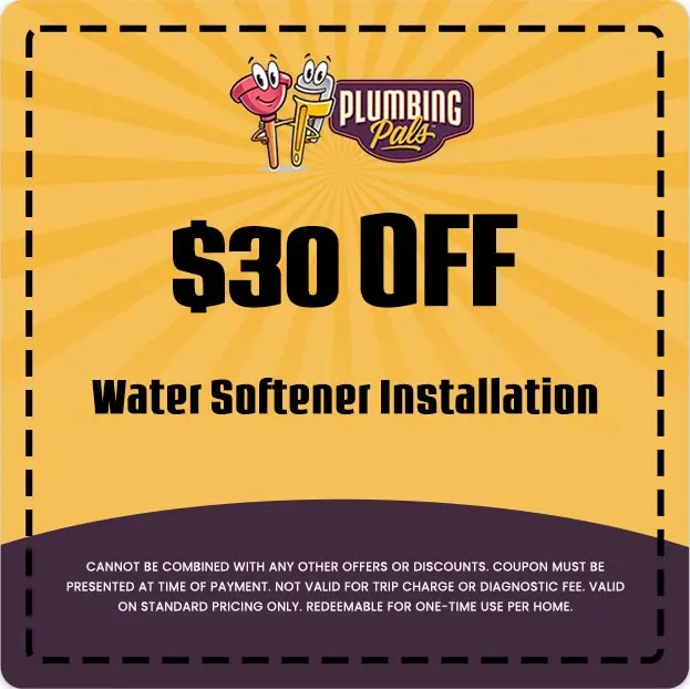 $30 off coupon for water softener installation by Plumbing Pals, promotional offer with service details.